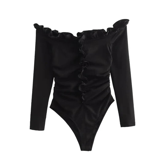 TRAF-2024 Women'S Long-Sleeved Off-Shoulder Design Layered Embellished Pleated Slim Fit Black Jumpsuit. Summer. New Style.