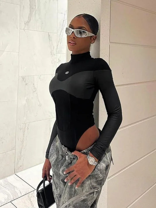 Black PU Patchwork Sexy Bodysuit Lingerie Long Sleeve One-Pieces Body Feminino Turtleneck Bodys Para Mujer De Vestir Corset Top