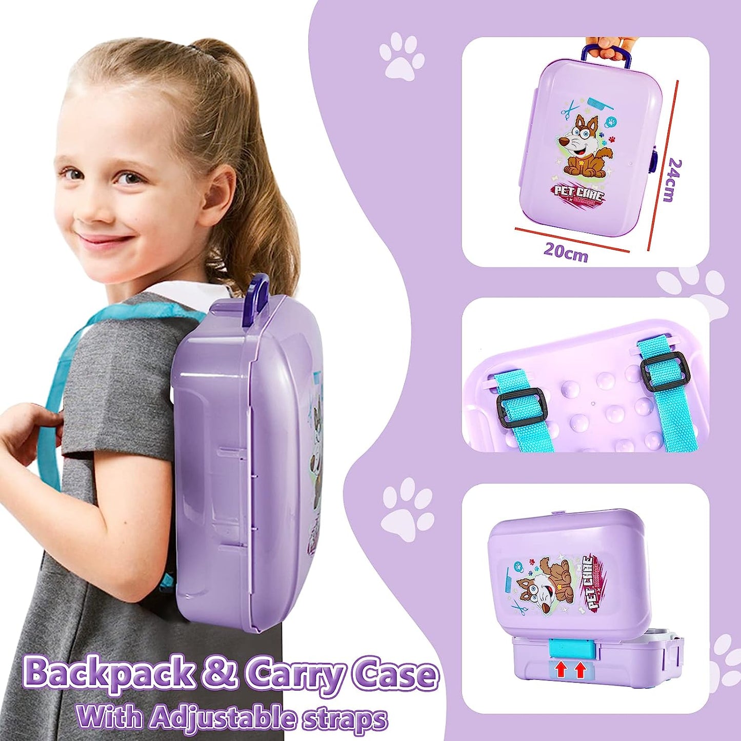 Kids Vet Kit Dog Grooming Toy Pet Care Role Play Games Animal Dolls Pretend Play Pet Carrier Set Toys 3 4 5 Year Old Girls Boys Children Gifts