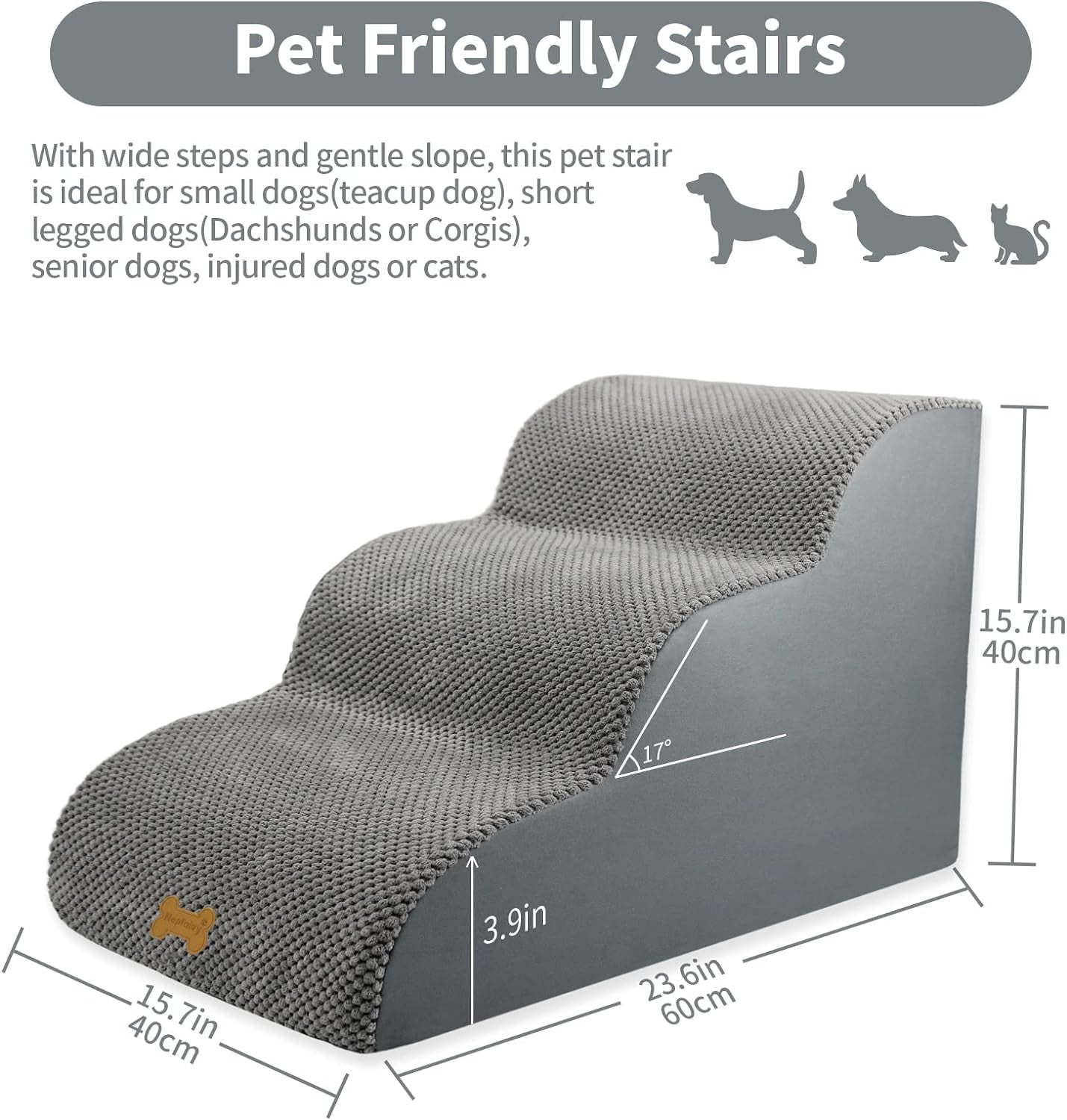 Dog Steps Stairs for Bed - Non-Slip Pet Stairs for Small Dogs and Cats, 3-Steps Dog Ramp for Sofa with High Density Foam and Removable Cover, 60X40X40Cm