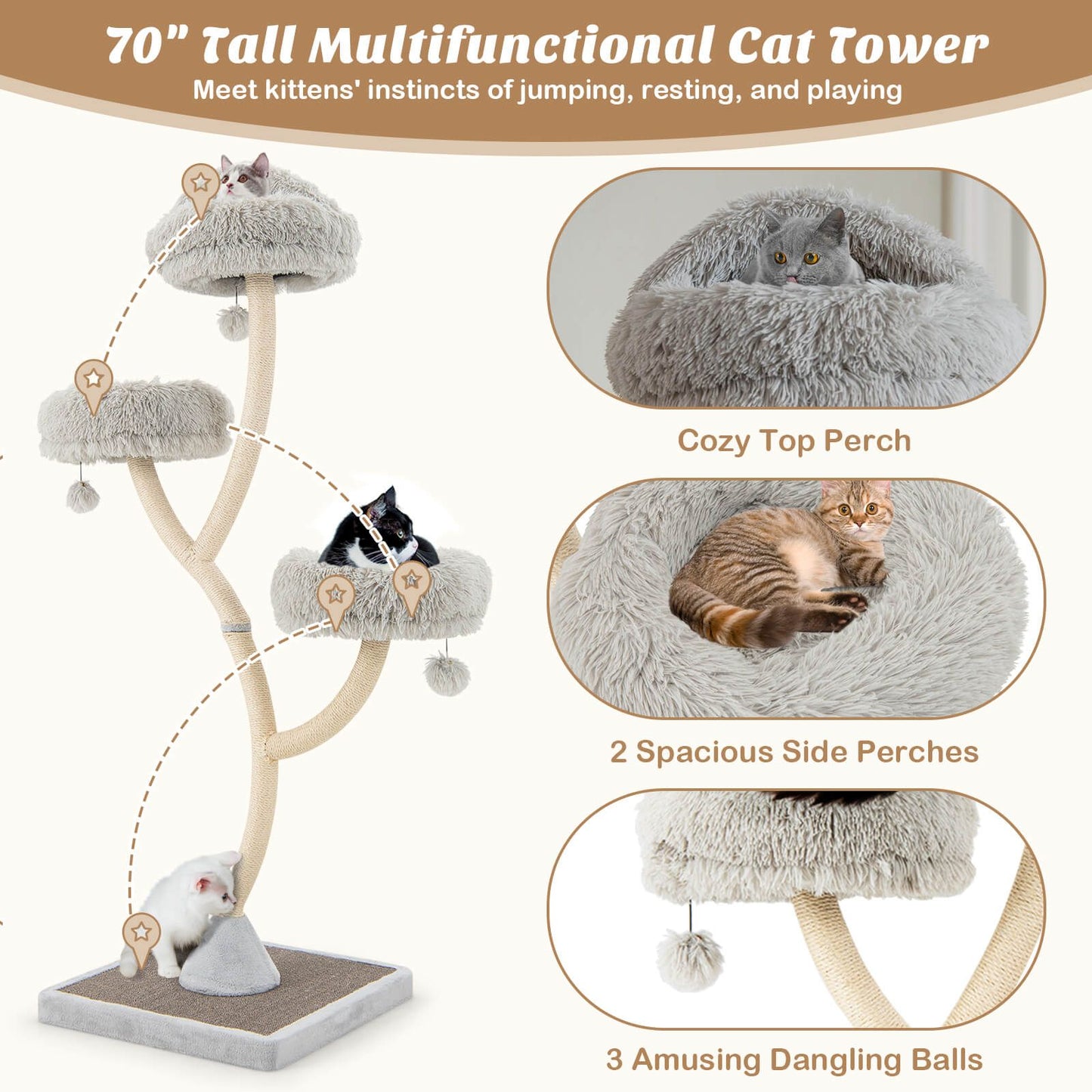 178 Cm Tall Cat Tree 4-Layer Cat Tower with 3 Warm Perches
