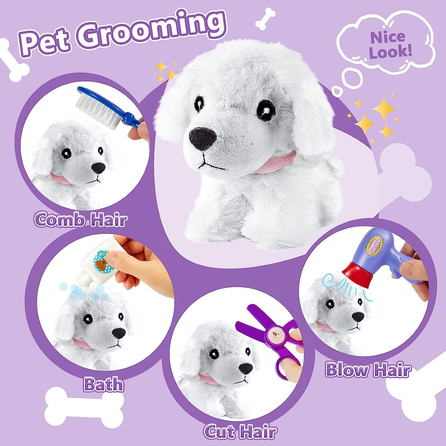 Kids Vet Kit Dog Grooming Toy Pet Care Role Play Games Animal Dolls Pretend Play Pet Carrier Set Toys 3 4 5 Year Old Girls Boys Children Gifts