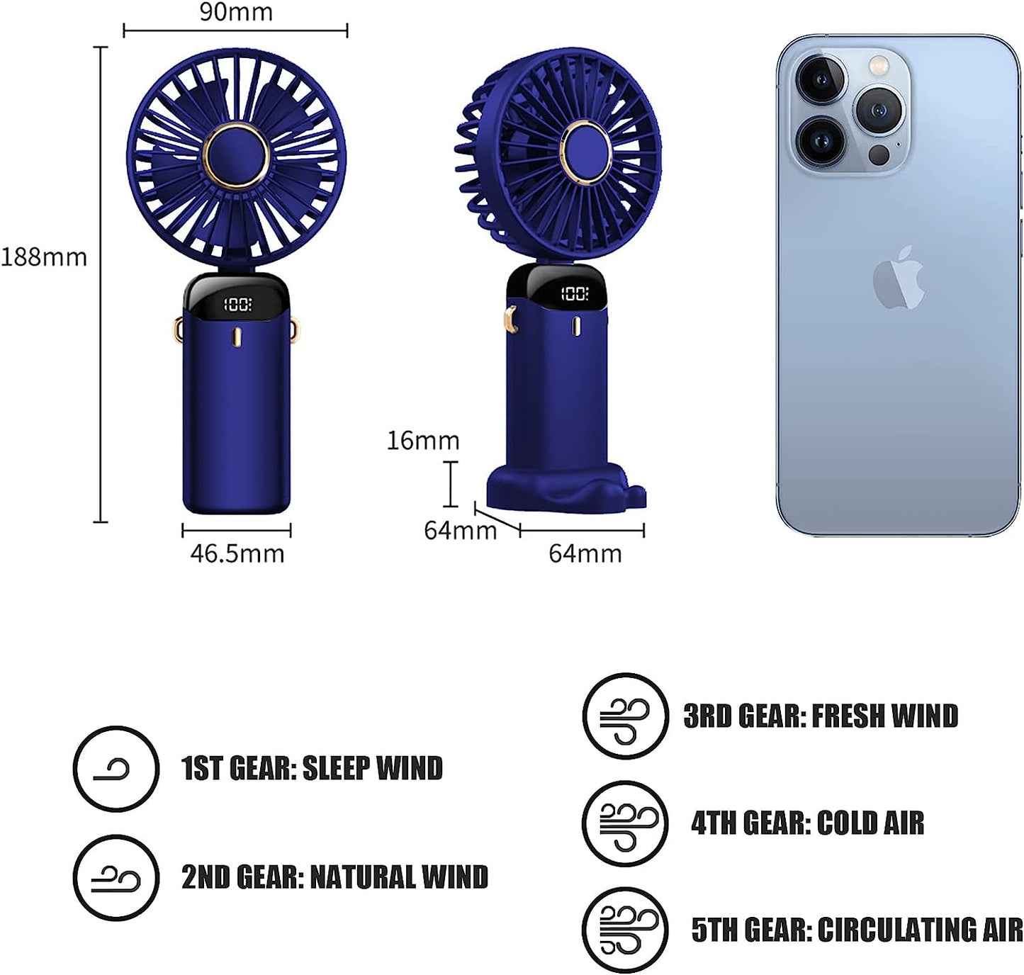 Hand Held Fan,Portable Handheld USB Rechargeable Fans with 5 Speeds,Battery Operated Mini Fan Foldable Desk Desktop Fans with LED Display for Home Office Bedroom Outdoor Travel (Darkblue)
