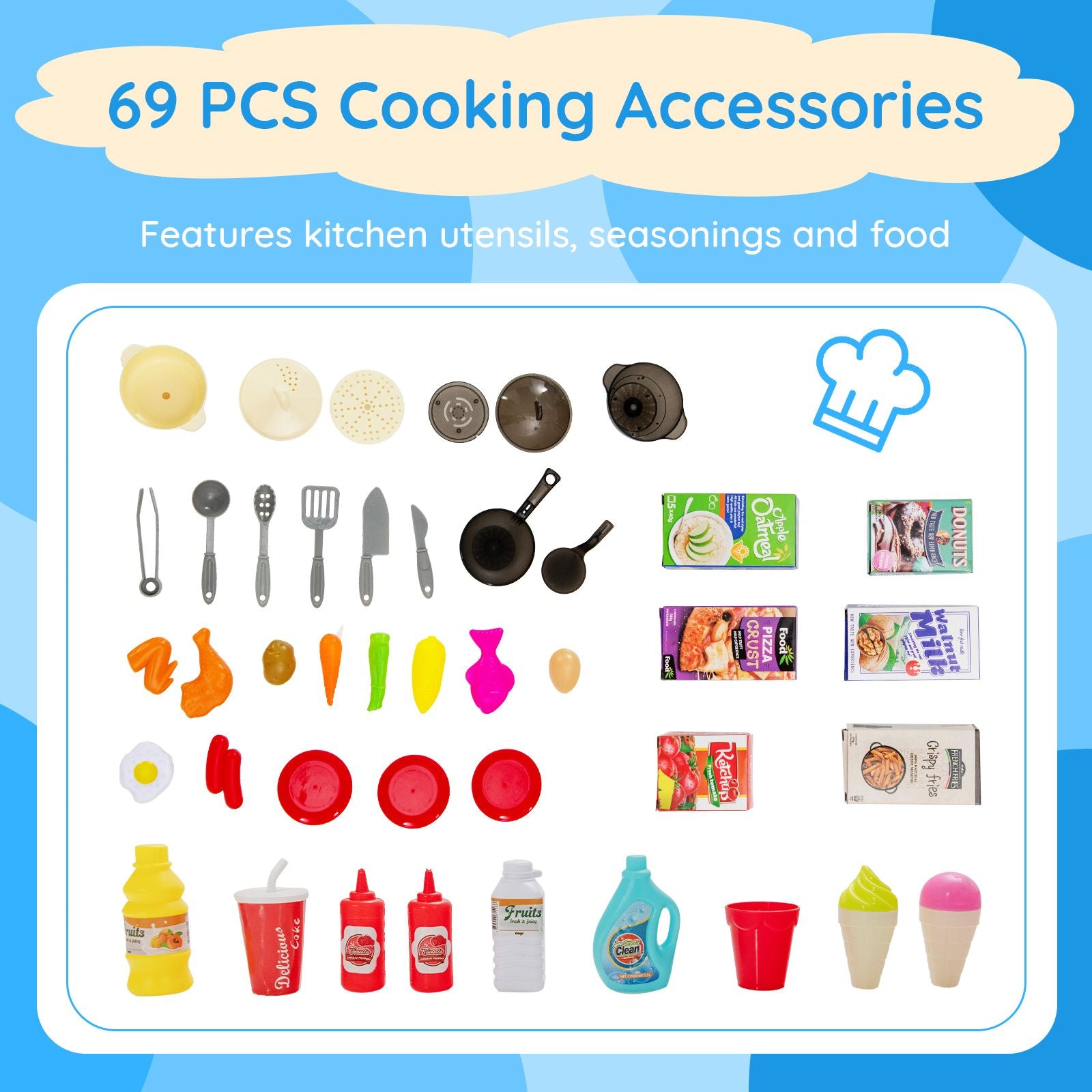 69 Pieces Kids Kitchen Playset Toy with Boiling and Vapor Effects