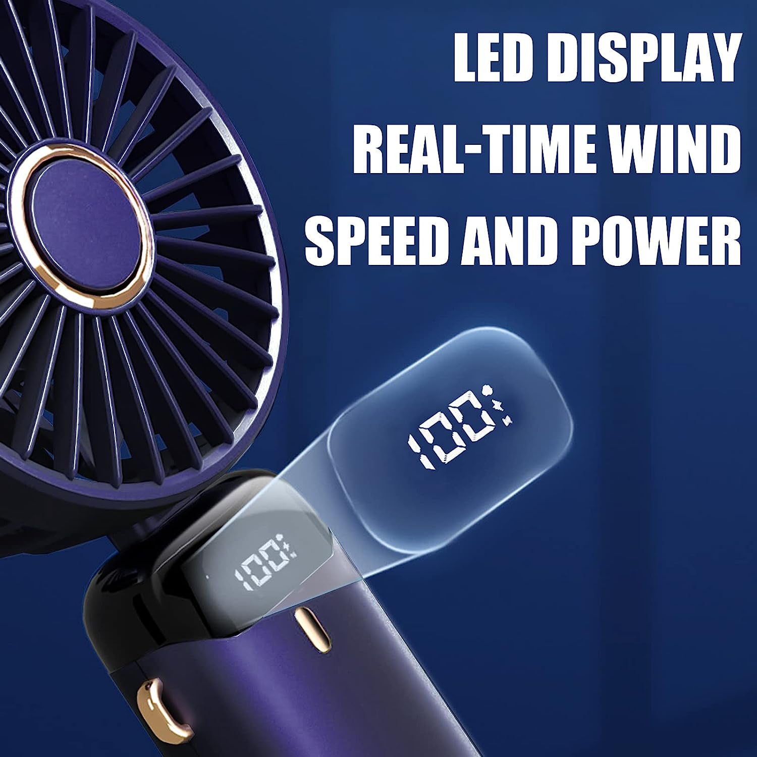 Hand Held Fan,Portable Handheld USB Rechargeable Fans with 5 Speeds,Battery Operated Mini Fan Foldable Desk Desktop Fans with LED Display for Home Office Bedroom Outdoor Travel (Darkblue)
