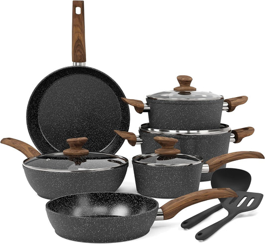 Induction Hob Pots and Pans Set - 12 Piece Cooking Pans Set, Black Granite Kitchen Cookware Set,Nonstick Saucepan Set PFOS & PFOA Free