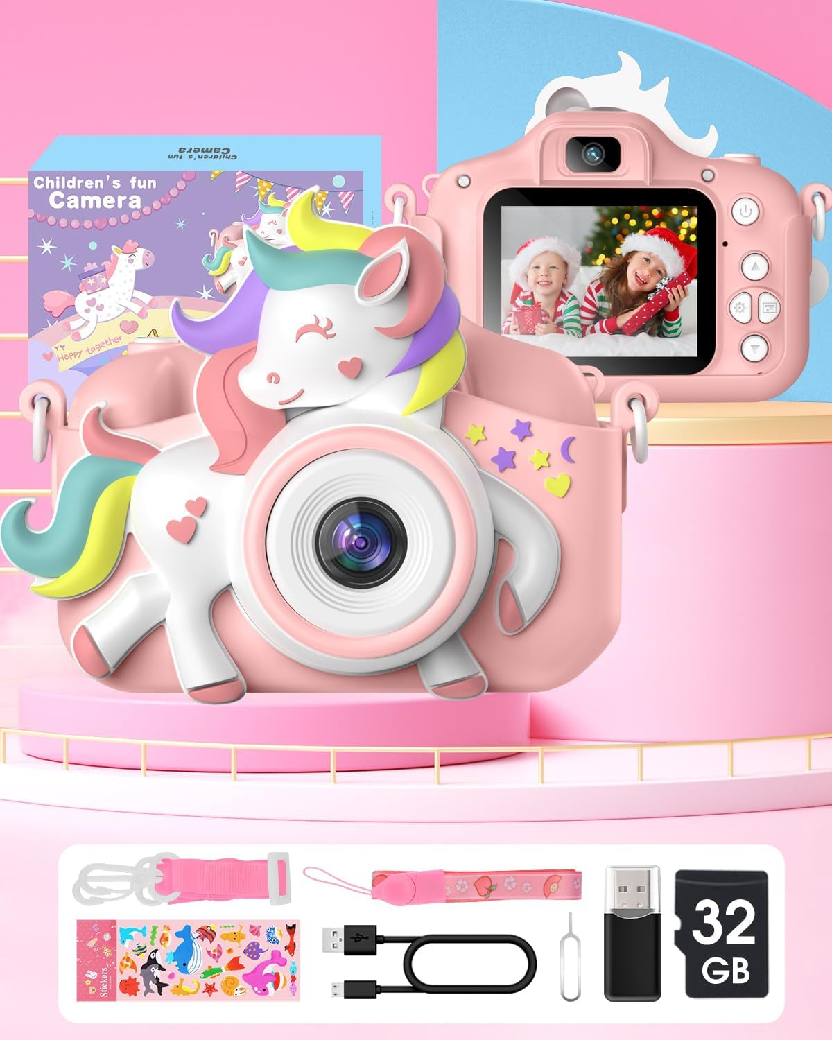 Kids Camera,  Kids Camera for Girls, 1080P HD 2.0 Inch Screen Kids Digital Camera with 32GB Card, Birthday Christmas Kids Toys Gifts Selfie Childrens Camera for Kids Age 3-12 Years Old Girls