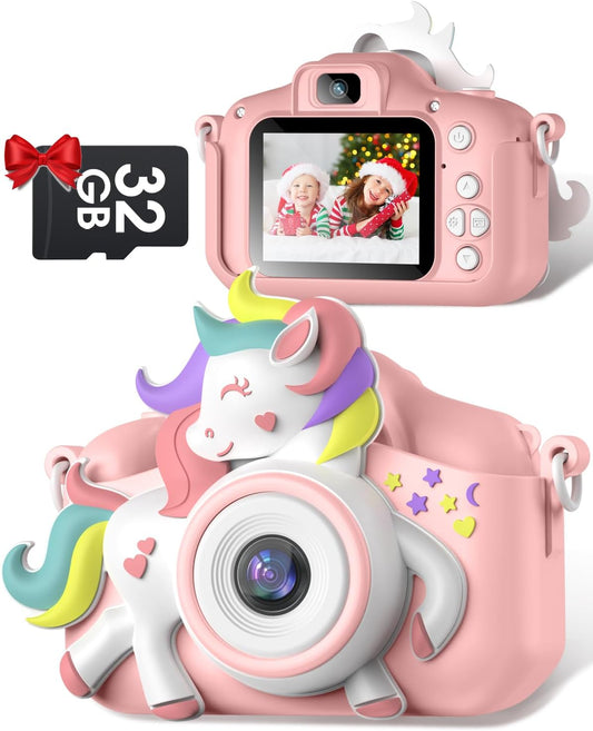 Kids Camera,  Kids Camera for Girls, 1080P HD 2.0 Inch Screen Kids Digital Camera with 32GB Card, Birthday Christmas Kids Toys Gifts Selfie Childrens Camera for Kids Age 3-12 Years Old Girls